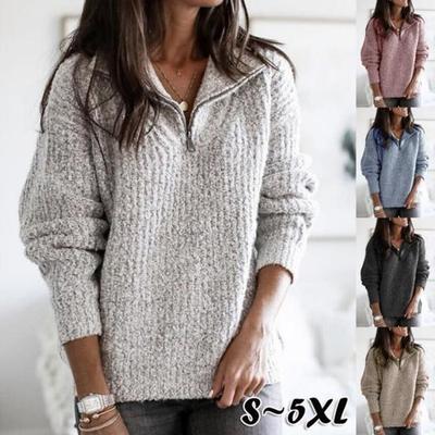 Femme Zippé Revers Couleur Unie Manches Longues Ample Tricoté Pull Top