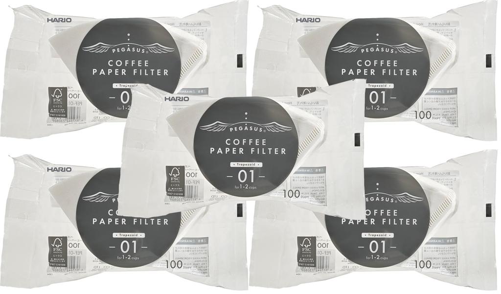 Hario Pegasus Coffee Paper Filters 01 W, 100 Filters, Made in Japan, 1-2 Cups, White, PEF-01-100W x 5 Packs [Used]