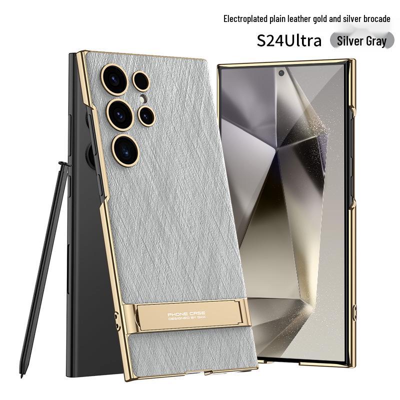

S25Ultra Electroplated Leather Bracket Phone Case with Fine Hole Lens - Drop-Proof Protective Cover S24 Ultra серебряный серый