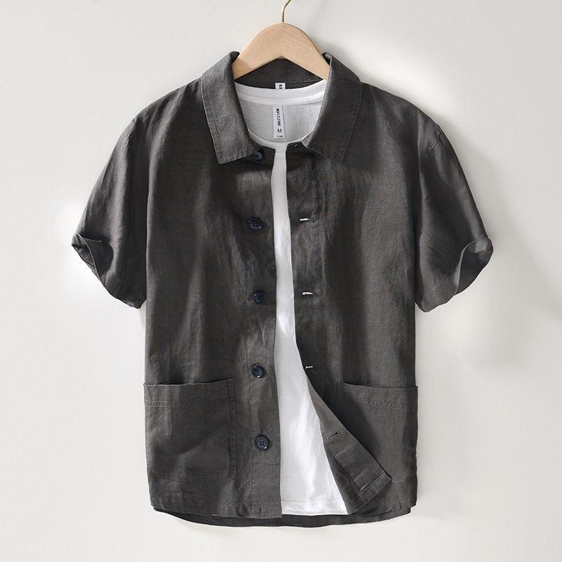 Japanese Thin Breathable Men Short-sleeved Shirt for Summer New Solid Color Lapel Casual Half-sleeved Cardigan