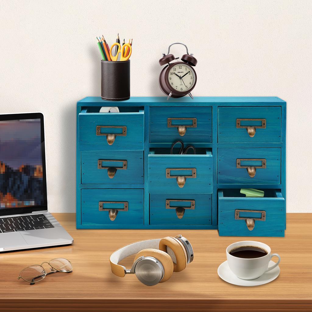 9-Drawer Wooden Apothecary Cabinet, Rustic Durable Blue Herb Storage Box, Desk Drawer Organizer for Cables,Spices,Office & Home