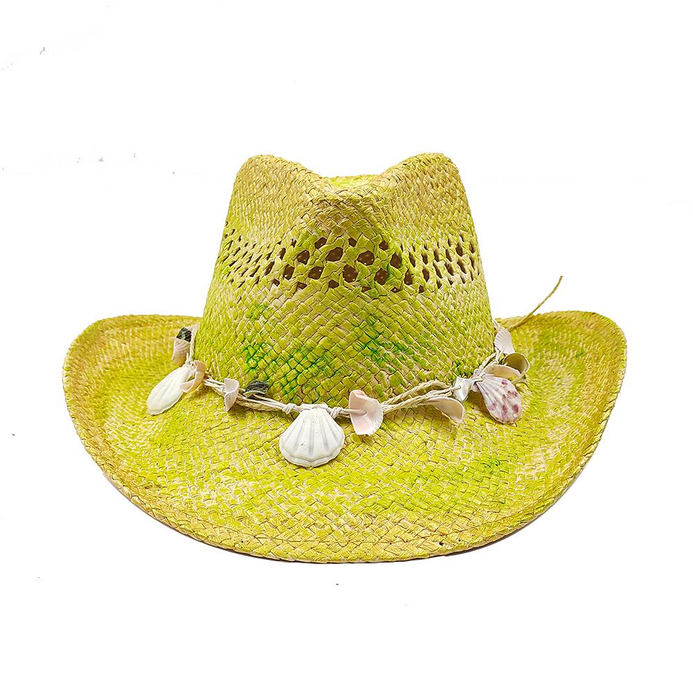 Hand-painted Hollow Woven Western Cowboy Hat Men and Women Summer Outdoor Denim Hat Beach Sunscreen Paper Straw Hat Shell Chain
