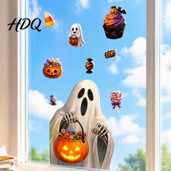 Halloween Window Clings Cute Cartoon Static Clings, Ghost Jack-O-Lantern Candy Glass Festive Home Ornaments Decals, Removable Stickers for Party Store