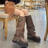 New Ladies Chunky Motorcycle Boots Soft Leather Ankle Mid Calf Boots Autumn High Platform Wedge British Booties Botas Para Mujer