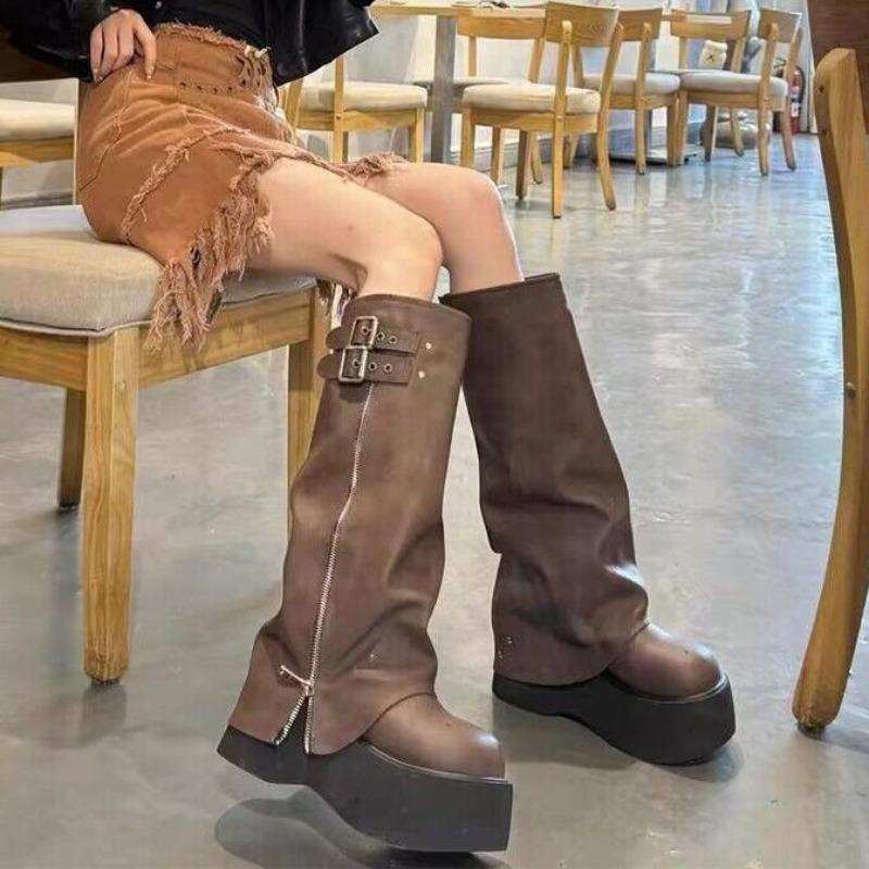 New Ladies Chunky Motorcycle Boots Soft Leather Ankle Mid Calf Boots Autumn High Platform Wedge British Booties Botas Para Mujer