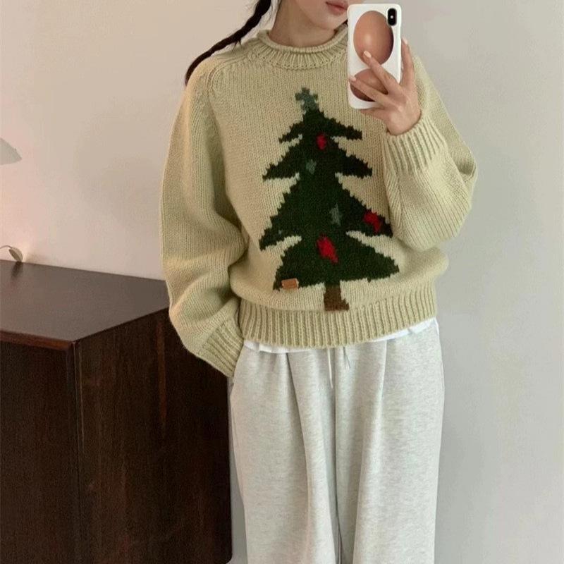 Autumn and Winter Sweet Atmosphere Knitted Sweater Fashion Retro Christmas Tree Jacquard Crew Neck Pullover Women Lazy