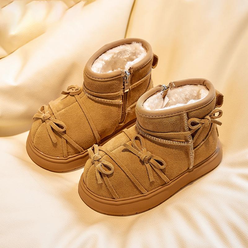 

Girls Retro Thick Bottom Butterfly Knot with Velvet Warm Snow Boots Children s Leather Boots Kids Thermal Boots Winter 26 верблюд