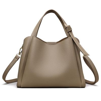 Bolsa de Mão Feminina 2 Vias HUHUKEEP, Couro Genuíno Premium, Grande Capacidade, Design Elegante, Casual, Simples, Popular, Bolsa de Ombro, Cáqui
