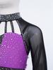 Girls Dance Performance Top Color Block Design Mock Neck Sheer Mesh Sleeves Back Cutout Rhinestone Crop