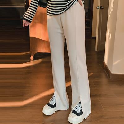 Plus Size Women's Elastic Waist Straight Leg Casual Slit Loose Wide Leg Pants