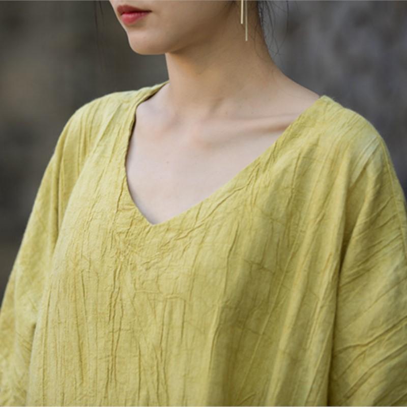 Johnature Women Vintage Dresses V-Neck Short Sleeve Summer Solid Color Loose Women A-Line Dresses