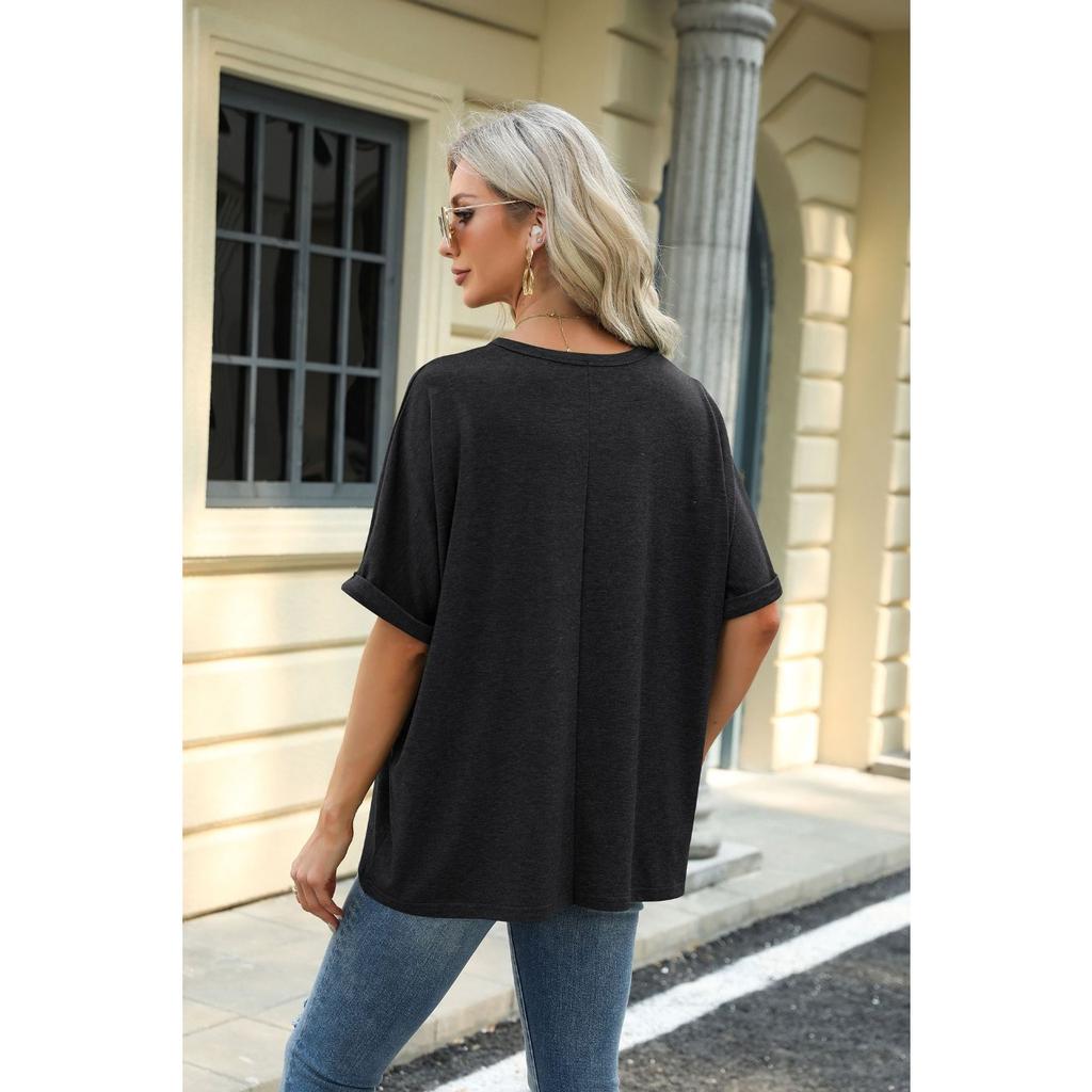 HNXC Spring Summer Solid-color Round-neck Loose Short-sleeved T-shirt Top for Women