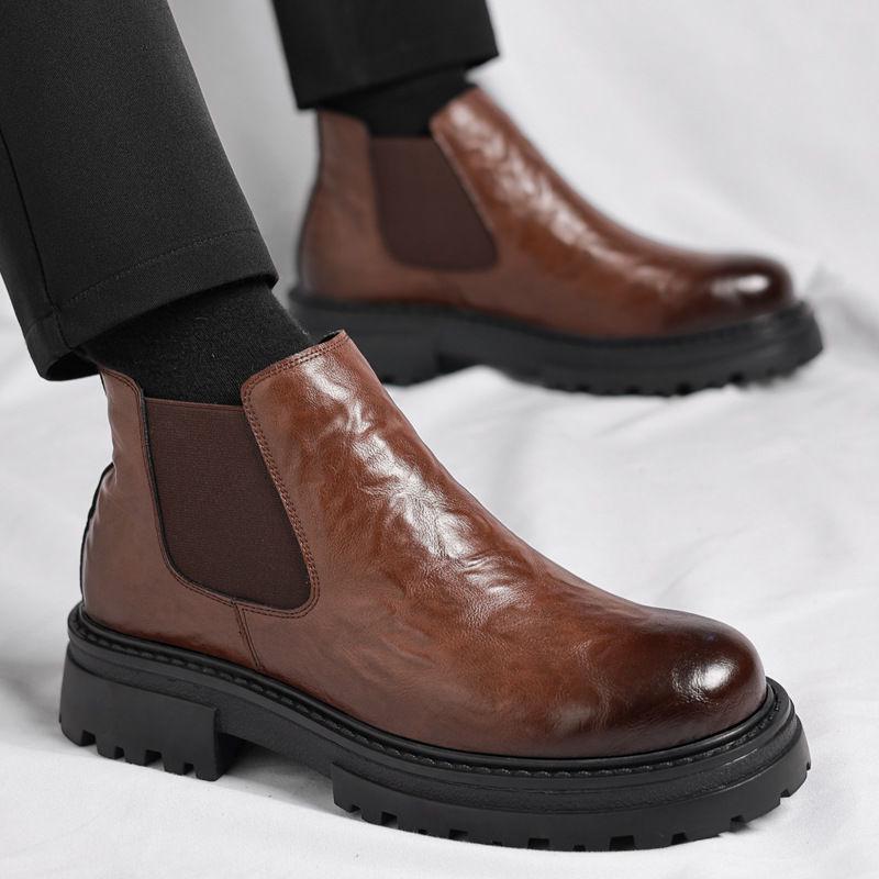 2025 Men's British Style Black Low-Top Chelsea Boots: Fleece-Lined, Hand-Grained, Mid-Calf Thickness