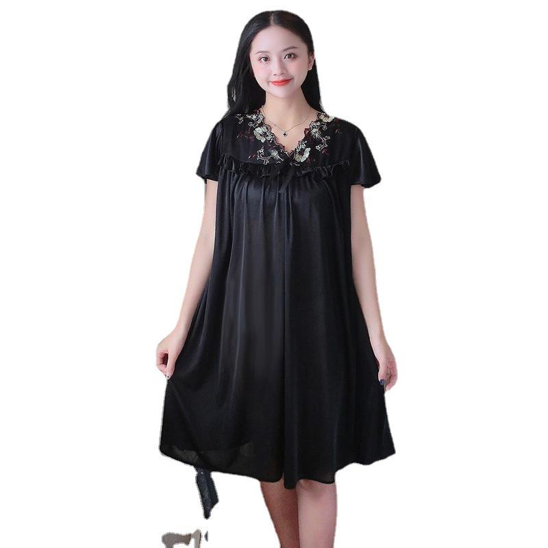 Plus Size Ice Silk Lace Nightgown - Women's Short Sleeve Summer Lingerie with Swing Skirt