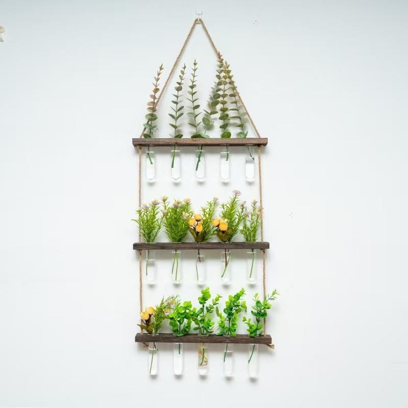 Wall Hanging Propagation Station with Wooden Stand Glass Test Tubes Garden Decor for Floral Arrangements Home Office Decor