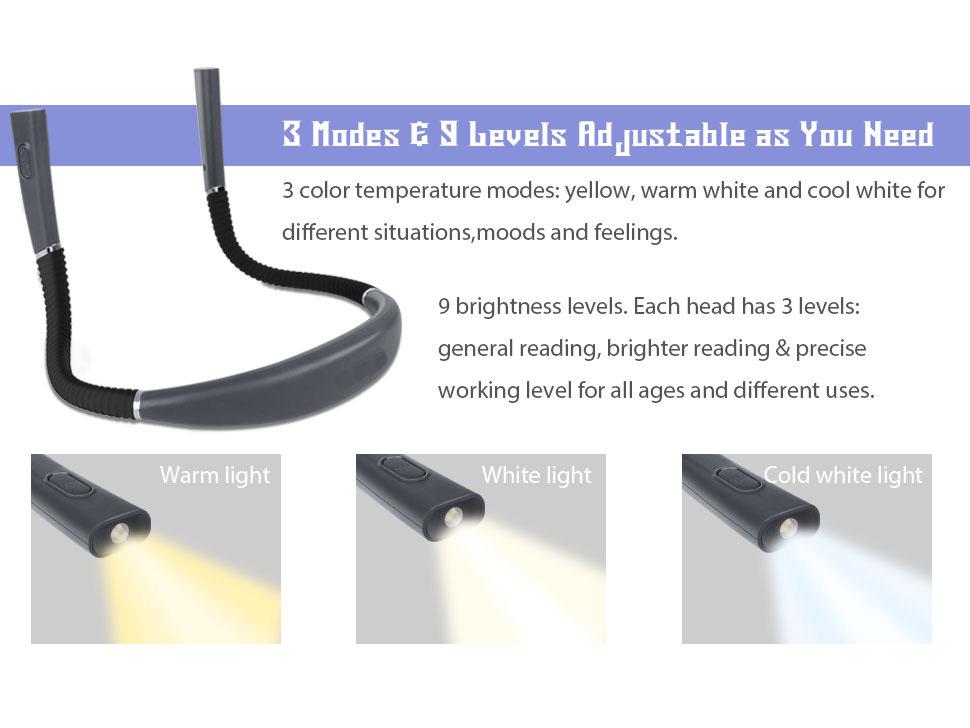 Erhältlich: USB Wiederaufladbares LED Buchlicht, Dreifarbig Einstellbar mit Doppelkopf, Nacken-Hänge-Design zum Lesen bei Nacht.