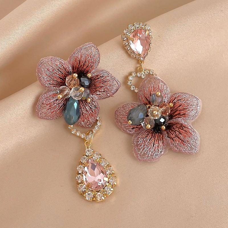 Vintage Asymmetric Fabric Flower Earrings Crystal Inlaid Elegant Ear Jewelry Women