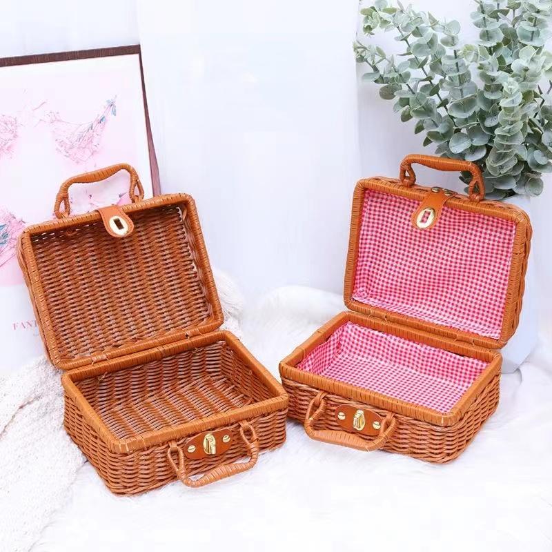 Cesti in PP Rattan Retrò Cesto da Picnic per Conservazione Valigia in Rattan con Manico Scatola Regalo Cesto Intrecciato per Cosmetici Organizzazione Conservazione