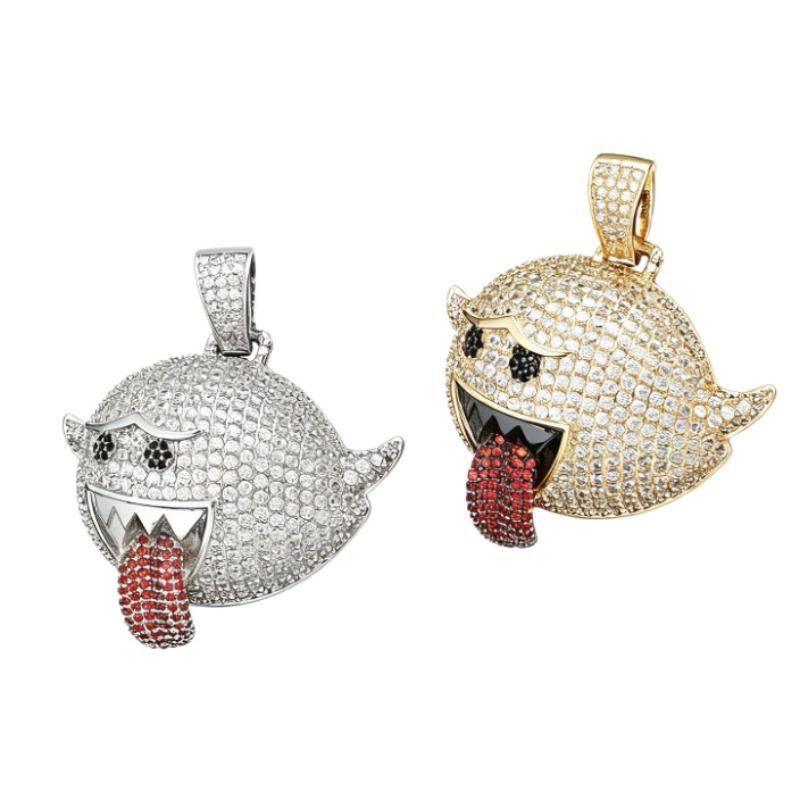 European and American Hip-hop Style Funny Face Tongue Sticking Pendant, Copper Inlaid with Zircon, Micro Inlaid with Diamonds, Trendy Hip-hop Necklace