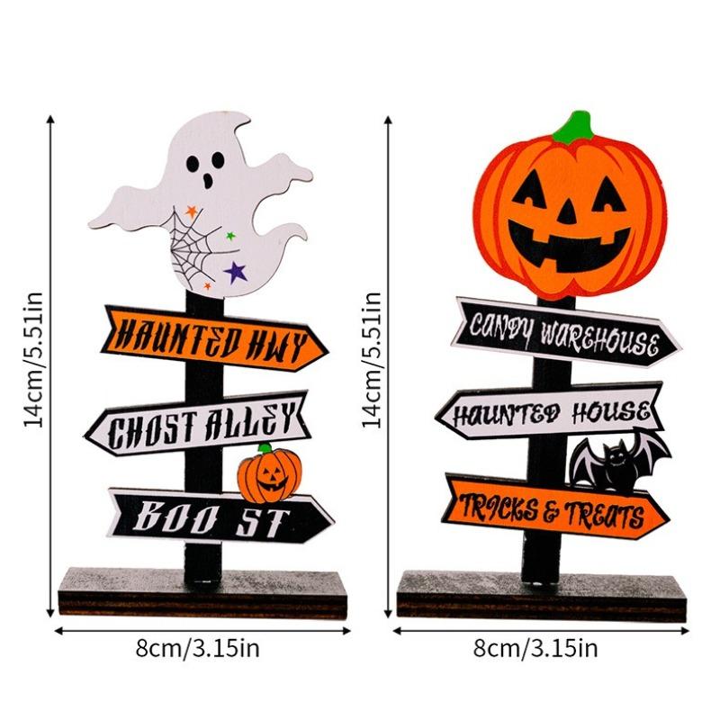 Halloween Wooden Tabletop Directional Sign Ghost Pumpkin Bat Freestanding Table Ornament Spooky Centerpiece Decor for Dining Table Party Holiday Gift