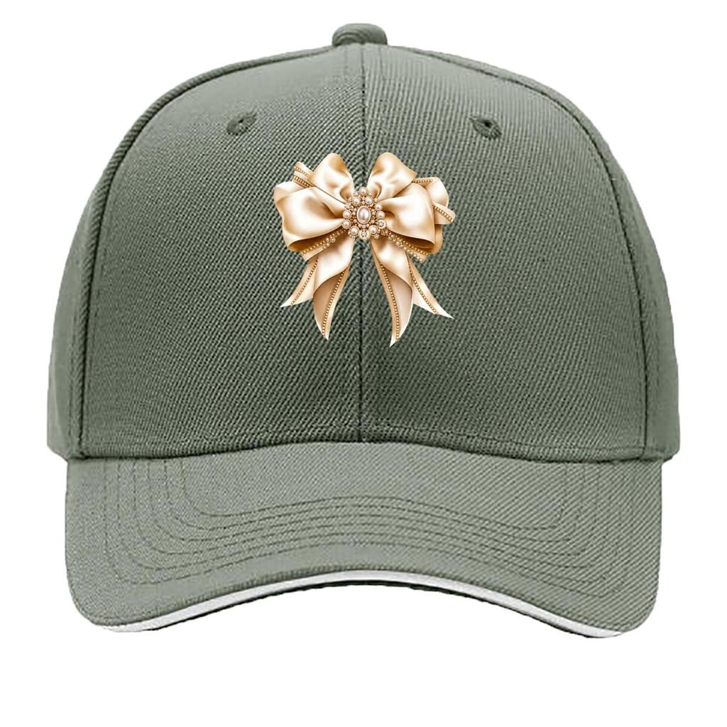 Champagne Satin Bow Pearl Rhinestone Coquette Ribbon Graphic Sandwich Baseball Cap Sun Cap Outdoor Workouts Hat