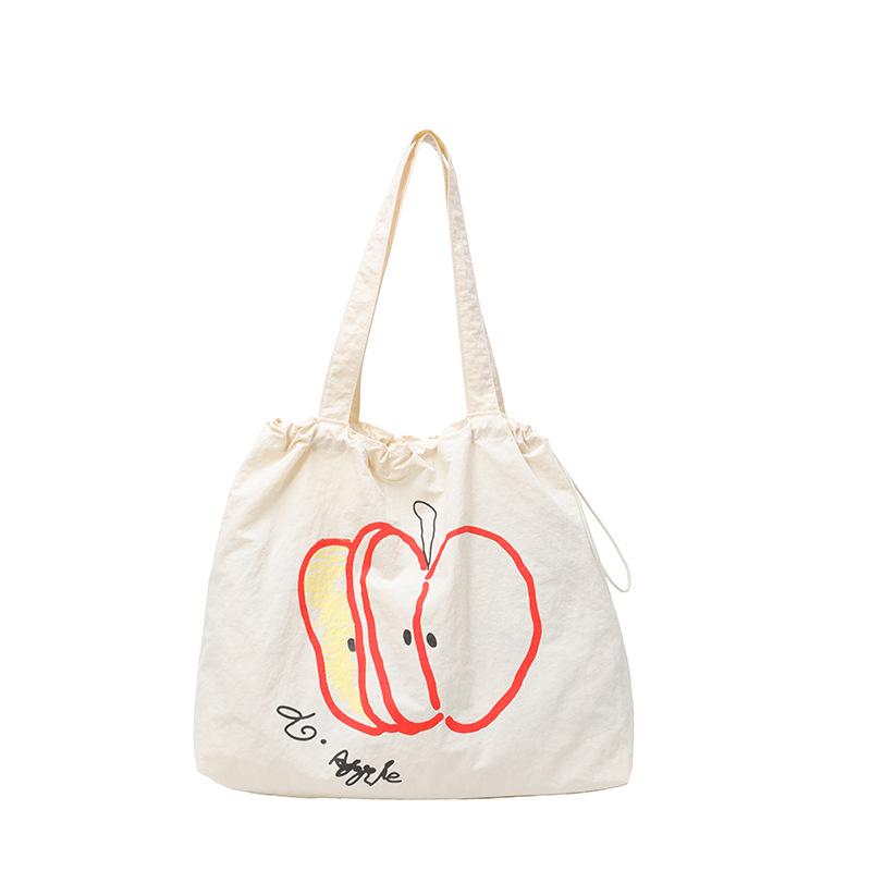 Summer drawstring nylon shoulder bag women's versatile red and white contrasting apple slices portable tote bag
