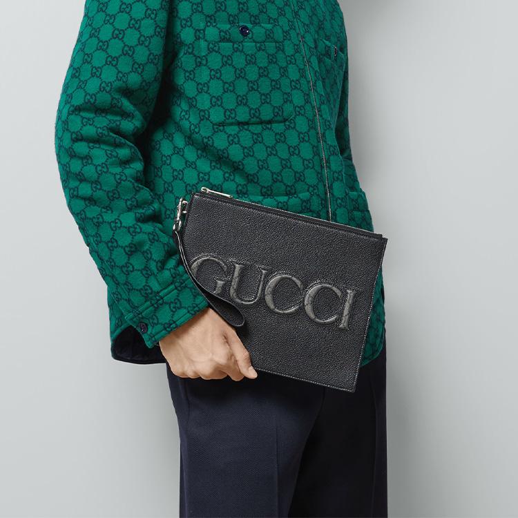 Gucci Floral Logo Mixed Classic Leather And Canvas Trim Clutch Men clutch Black 768374-AACXC-1050