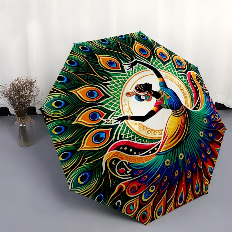 1pc Peacock Feather Design Automatic Folding Umbrella - Portable 3-Fold Design, 8-Rib Iron Frame Outdoor Umbrella, Festival Gift for Fans, Travelers,