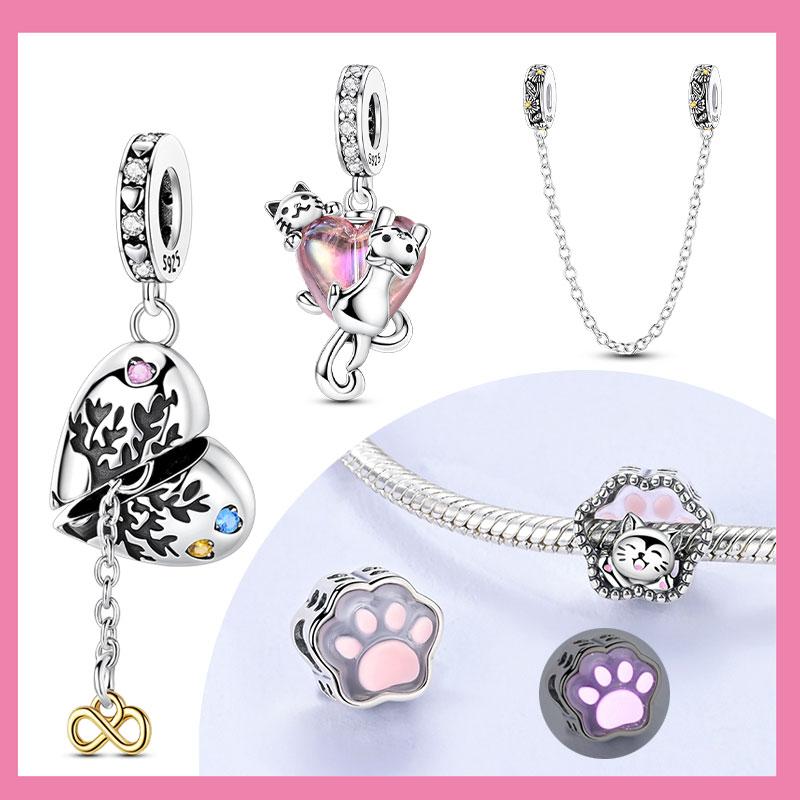 Kupferrosa Herz Niedliche Haustier Katze Charms Perlen Passen Original Armband Halskette Echtschmuck Frauen DIY Geschenke