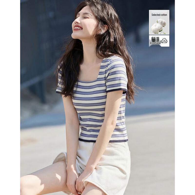 Women s Striped Square Neck Slim Fit T-shirt L