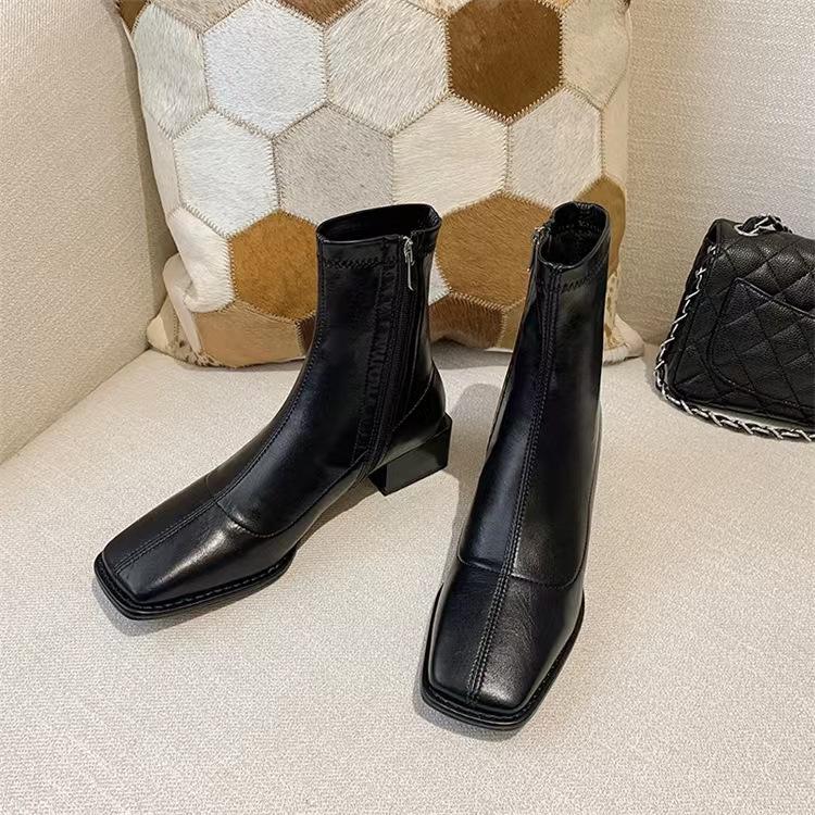 Brown square-headed small short boots for women in the spring and autumn of 2025, new French thick-heeled medium-heeled single boots, elastic and thin