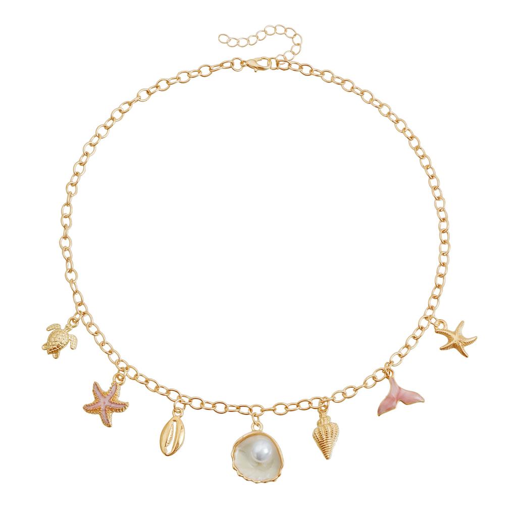 Summer Ocean Elements Starfish Shell Conch Pearl Tassel Choker Necklace for Women Bohemia Casual Beach Vacation Outfit Jewelry