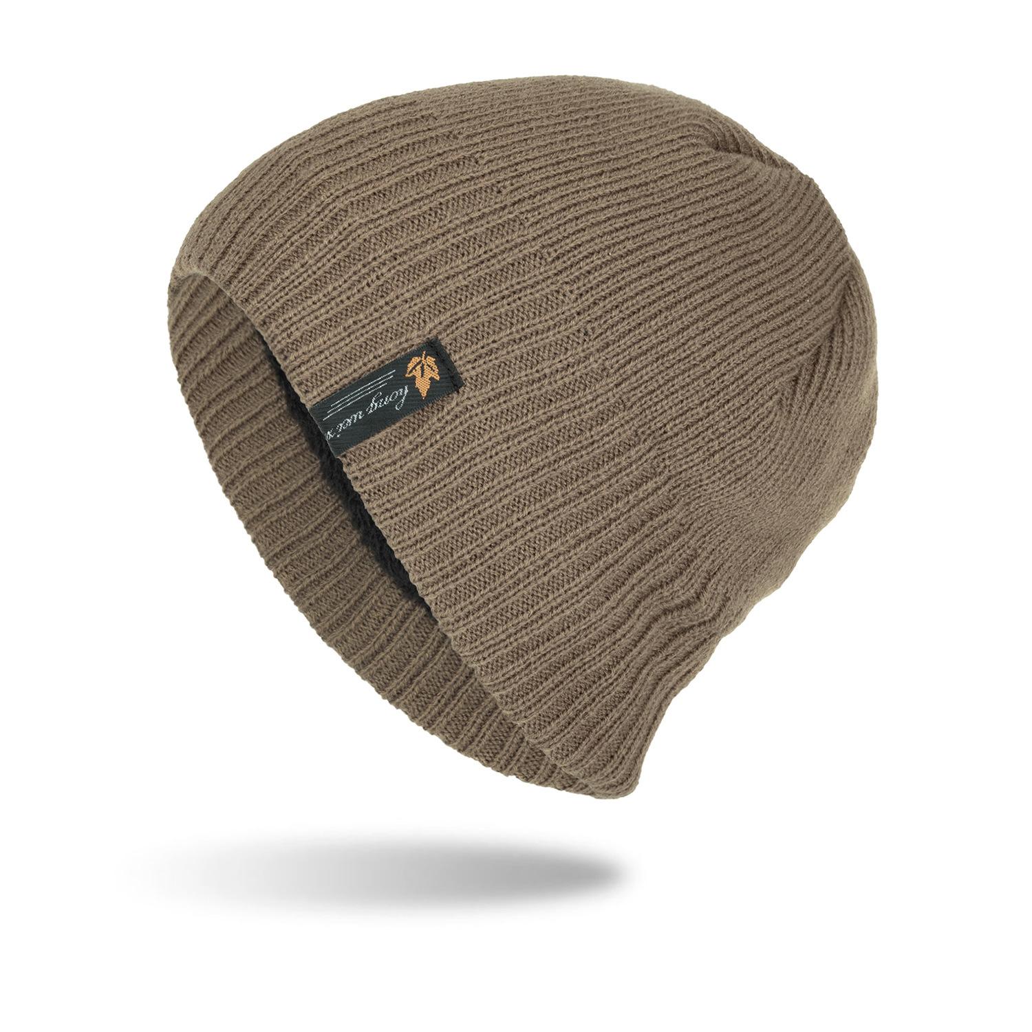 

Шапка корейской версии, модная вязаная шерстяная шапка, зимняя бархатная теплая уличная шапка с желтой этикеткой из ткани с листьями, короткая шапка хаки