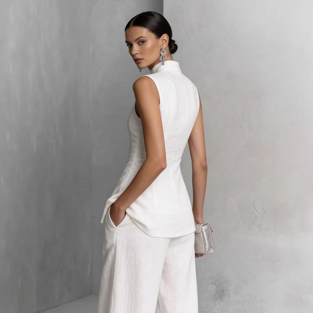 2026 European and American Amazon Cross-border Independent Site Draped Cotton-Linen Shirt Solid Color Fashionable Elegant Sleeveless Long Pants Set