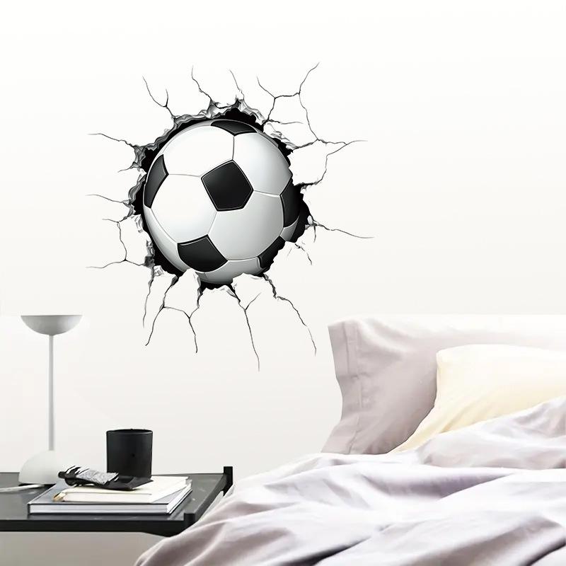 3D Breaking Through Wall Crack Soccer Football PVC Wall Sticker Self-Adhesive Removable for Kids Room Living Room Bedroom Sports Home Decor Art