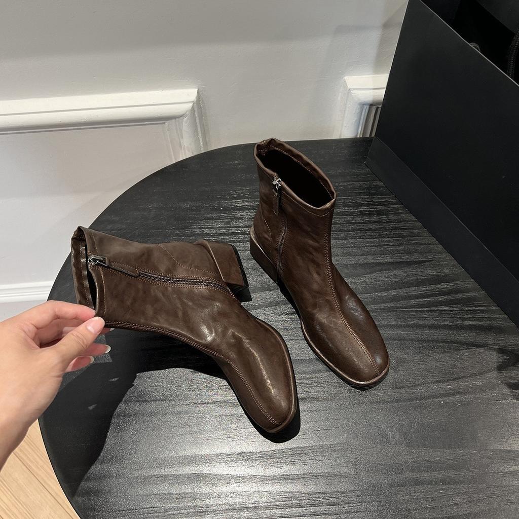 Fyrkantig tå Retro Skinny Stövletter Korta Stövlar Dam Tjock Klack Små Ankelstövlar Brittiska Martin Stövlar Enkla Stövlar