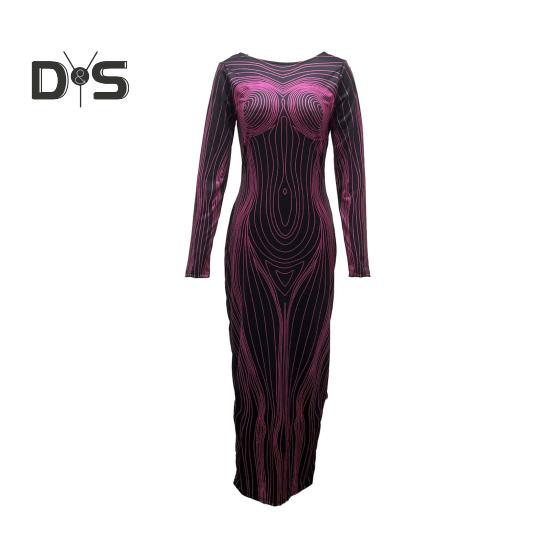 Damen-Maxikleid, schmale Passform, schmal, langärmelig, elastisch, Rundhalsausschnitt, gestreift, weich, dünn, knöchellang, Damen-Partykleid für Frühling und Herbst