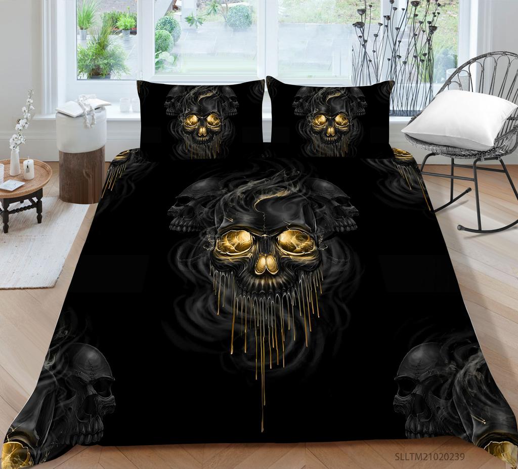 3D Black Skull Head Pattern Bedding Single Double Bed Full Size Special Skull Head Print Pillowcase and Quilt Cover 2 or 3 Comfortable Home Decoration