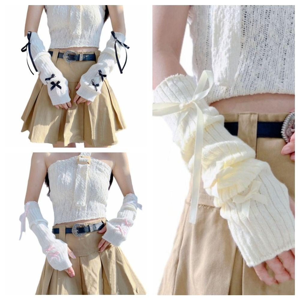 Elastic Knitted Bow Arm Sleeves Y2K Half Finger Long Gloves Soft Arm Warmers Girls