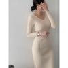 Dress Hong Kong Style Sexy V-neck Waist Hugging Slim Fit Sheath Long Sleeve Knitted Dress Sexy Knit Dress