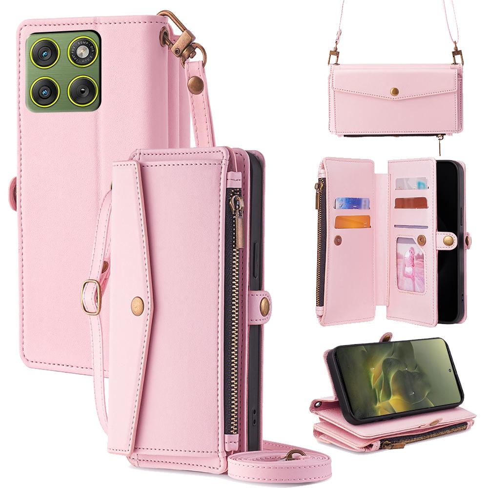 Pro Motorola Edge 70 5G Pouzdro s přihrádkami na karty Peněženka na zip Kryt telefonu z PU kůže s ramenním popruhem