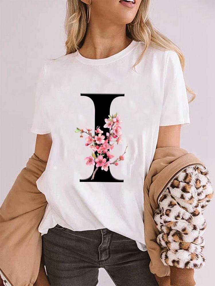 Elegant Cherry Blossom Initial Az Tshirt Unisex Crewneck Floral Letter Graphic Girls Y2k Tops Fashion Mama Birthday Gift Tshirt