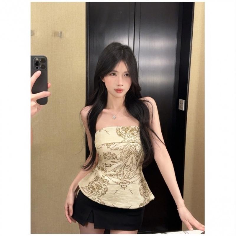 Women’s Elegant Strapless French Floral Slim-Fit Top - Sleeveless Spring/Summer Wear with Skirt-Like Hem