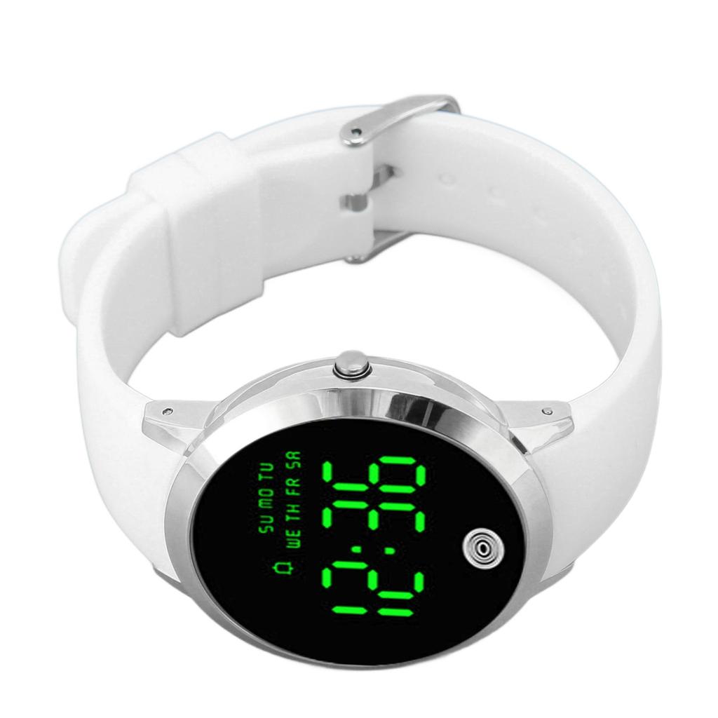 Men Digital Watch Round Color Screen Waterproof Backlit Ultra Thin Stylish Alarm Sports Watch Silver Shell White Belt