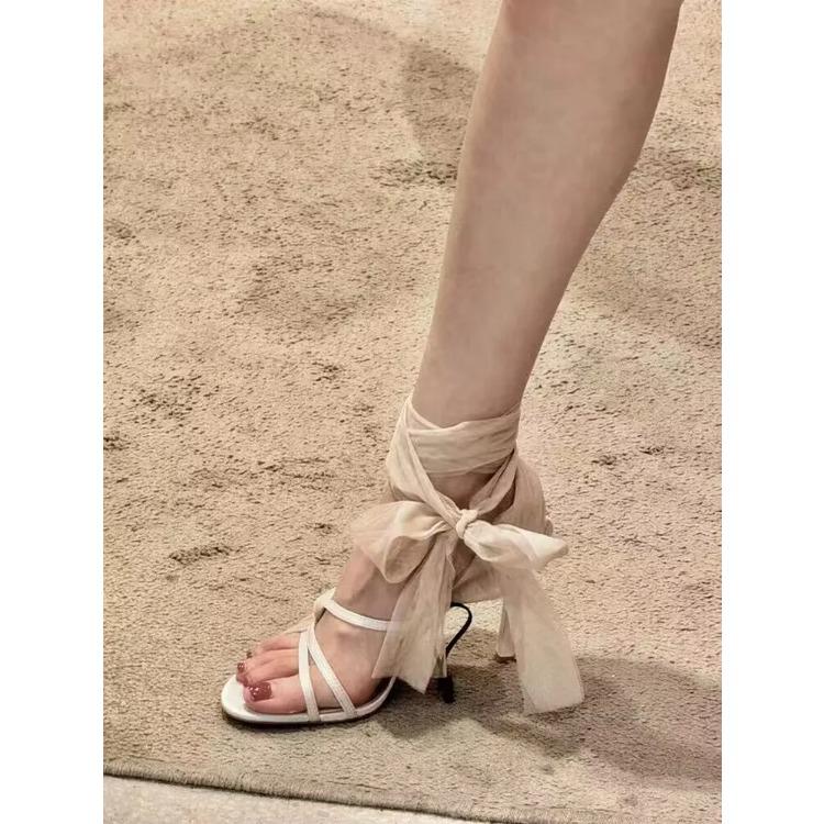Women Peep Toe Cross-tied Ankle Strap Sandals Lady Stiletto High Heels Banquet Party bohemian umps Shoes summer  Bow leisure