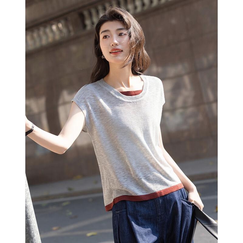 Demana Women's Summer Color Block Knit Short Sleeve Top