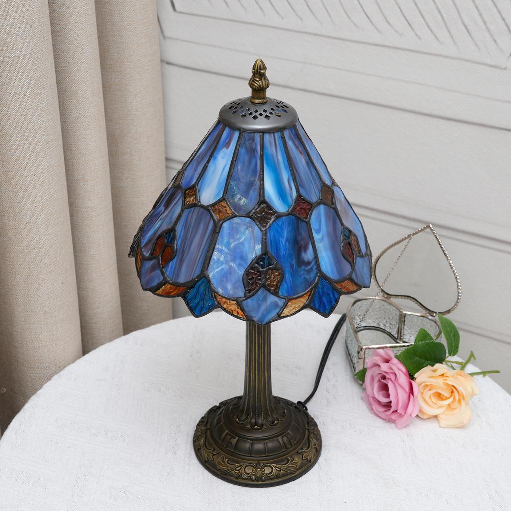 Baroque Style Stained Glass Table Lamp Night Light with 8 Inch Wide Blue Lampshade for Bedside Bedroom Living Room