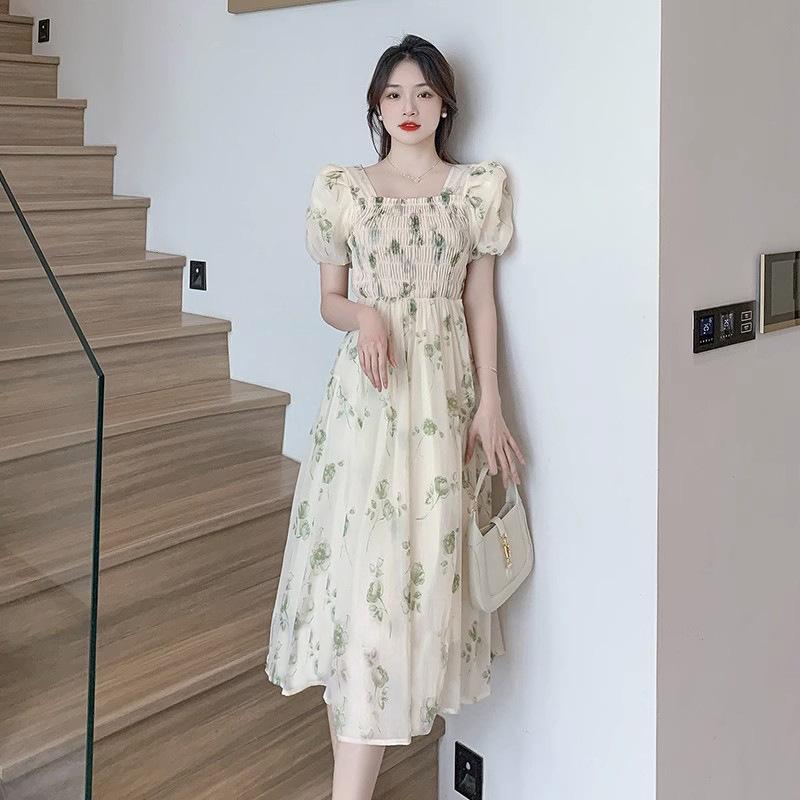 #French floral dress women's summer new small fresh gentle sweet bubble sleeves waist thin skirt