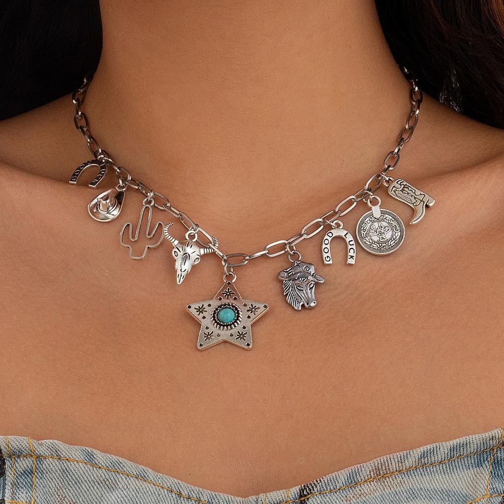 Stacked Western Cowboy Hat Pendant Necklace Female, Vintage Turquoise Cactus Cow Head Collarbone Necklace