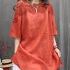 Cotton Linen Women Shirt Retro Hollow Lace Loose Casual Fashion Mid Sleeve Top